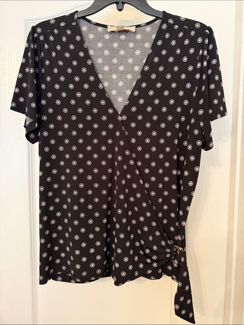 Michael Kors Black Short Sleeve Polka Floral Wrap Top